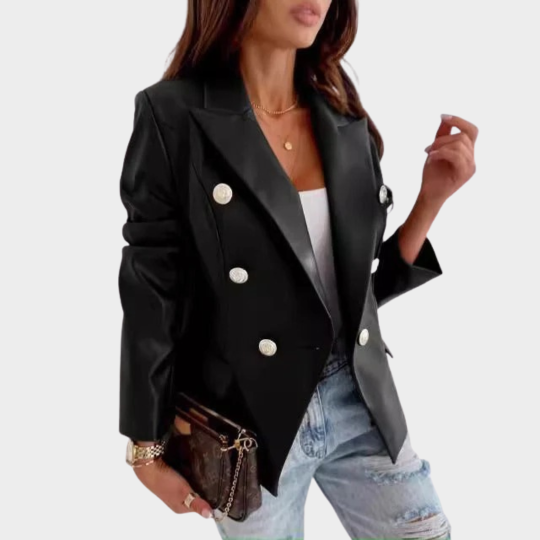 Women’s Double Breasted PU Leather Jacket – Long Sleeve Slim Fit Fashion Blazer – Multiple Colours