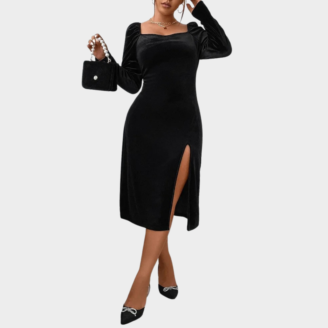 Women’s Velvet Bodycon Party Dress – Long Sleeve Split Hem Slim Fit Elegant Evening Wear – Black