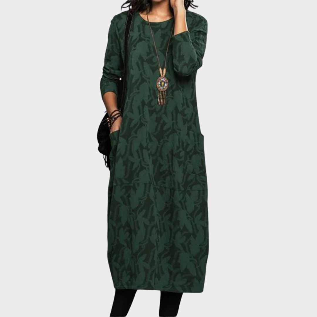 Women's Casual Dress – Elegant Long Sleeve – Round Neck – Printed Design – Multiple Colours