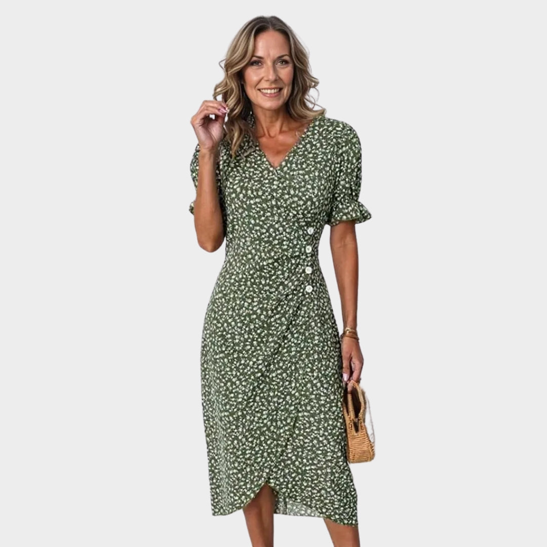 Spring Floral Bodycon Midi Dress – Women’s V-Neck, Long Sleeve, Close Fit, Vestido in Green, Black, Red, Blue