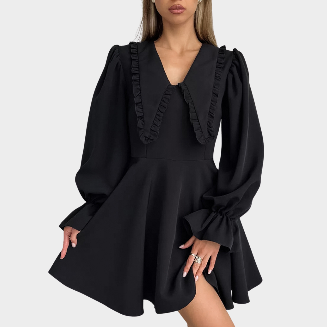 Doll Collar Dress - Women's Long Sleeve A-Line Dress - Waist-Defined Fit - Black
