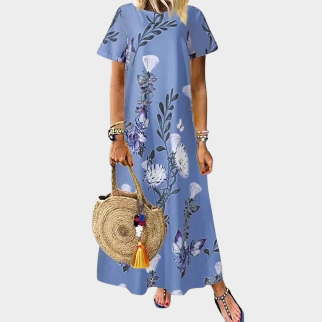 Women Bohemian Maxi Dress – O Neck Floral Print Short Sleeve Loose Fit Casual Design – Multiple Colours