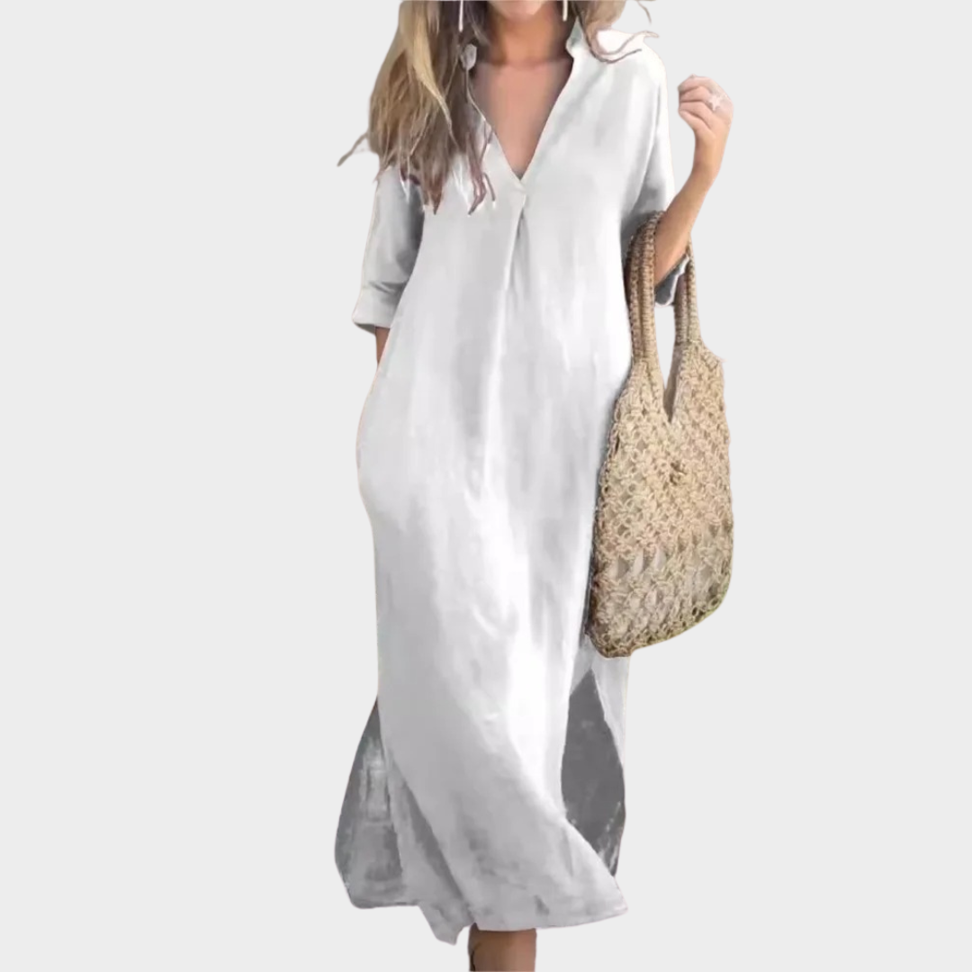 Women’s V-Neck Cotton Linen Dress – 7 Point Sleeve Side Slit Midi with Pockets – Lightweight Relaxed Fit Casual Style – Multiple Colours