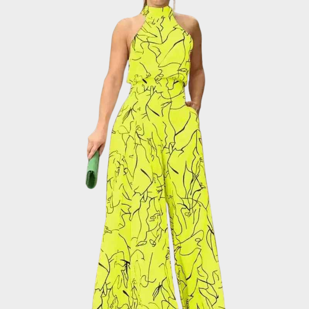 Women Sleeveless Wide Leg Jumpsuit – Elegant Printed Design with Belted Waist Cotton Blend – Multiple Colours