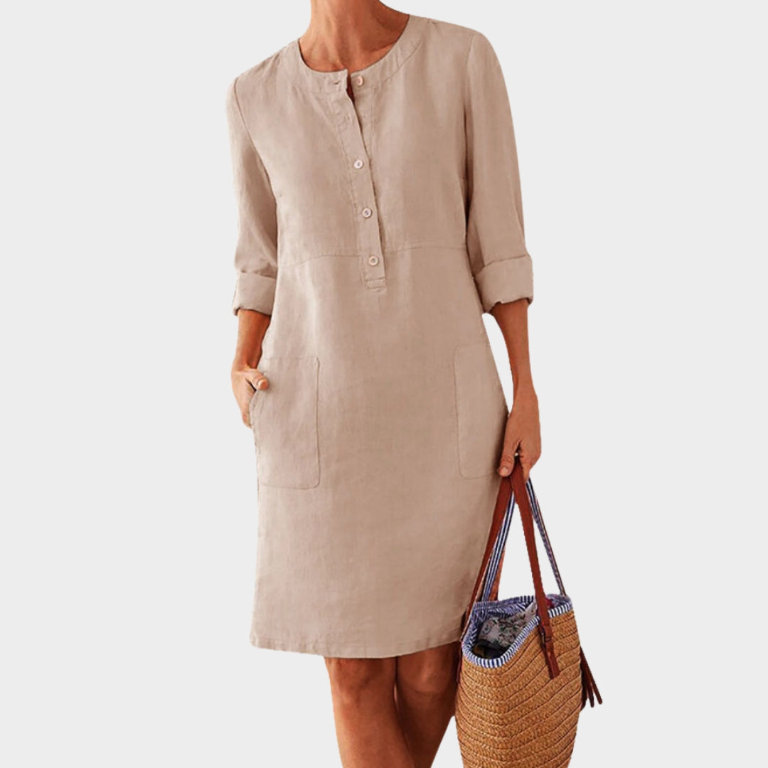 Women's Long Sleeve Tunic Dress – Cotton & Linen – Knee-Length – Multiple Colours