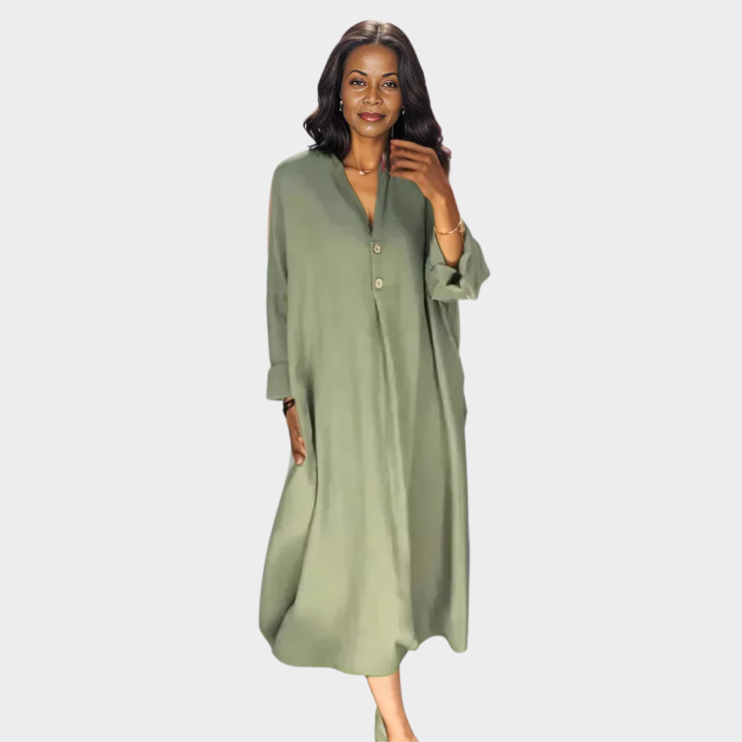Women’s Casual Loose Shirt Dress – Solid Color, Long Sleeve, Button-Up with Pockets (Blue, Forest Green, Green)