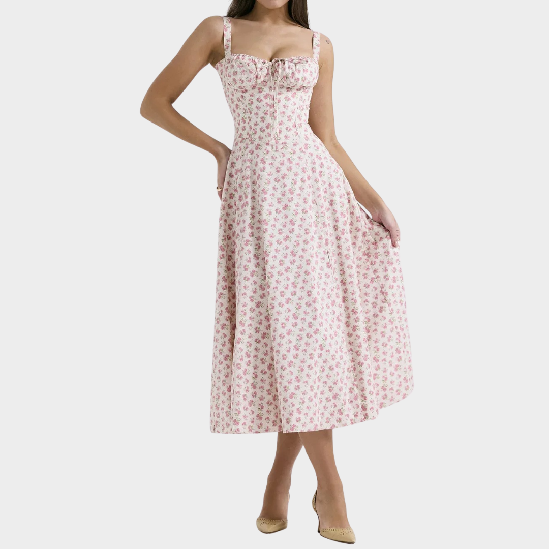 Women French Style Beach Dress – Relaxed Fit with Floral Print – Soft Lightweight Fabric – Pink Floral