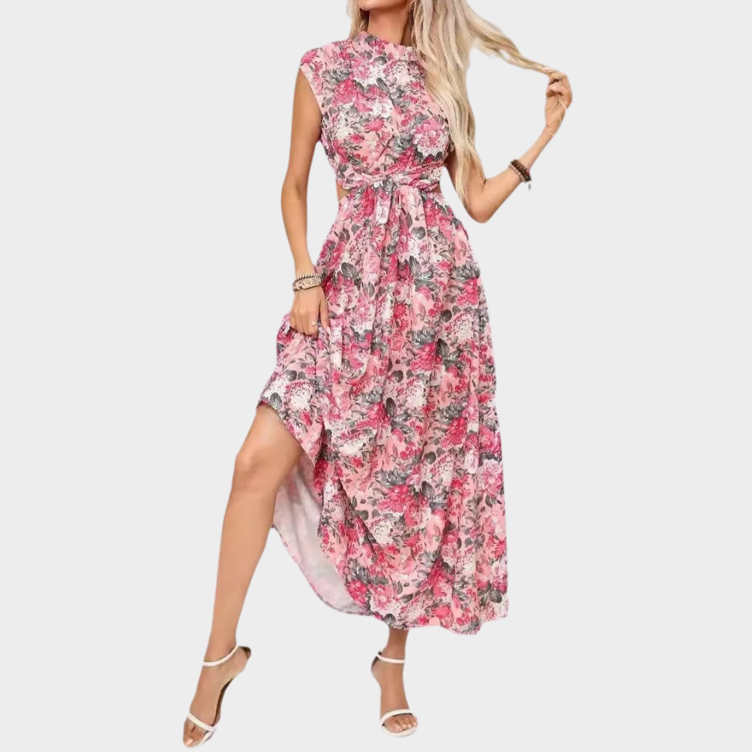 Women’s Sleeveless Long Dress – Waist Cinching Fit – Half High Neck – Floral Printed – Backless Design – Pink