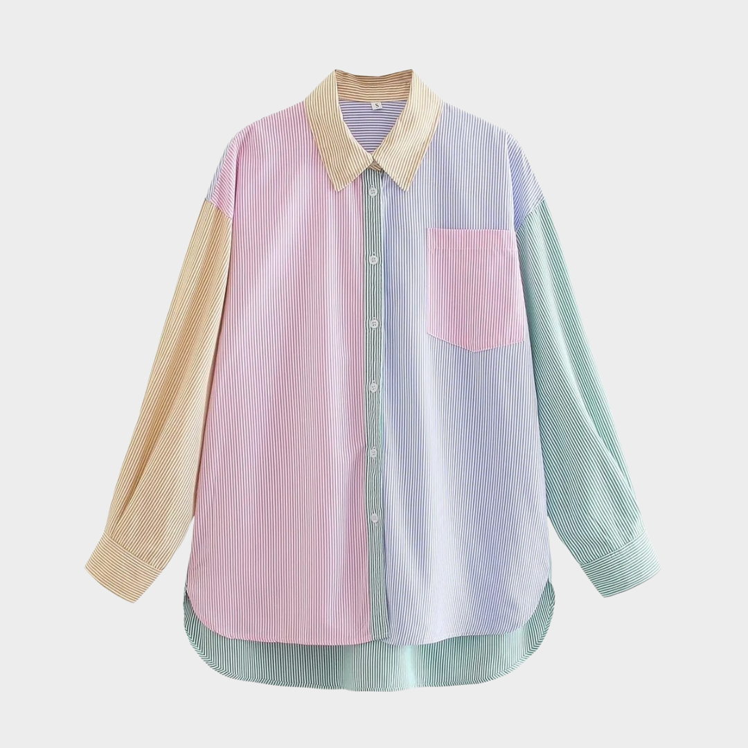 Women’s Loose Fit Blouse – Casual Patchwork Striped Shirt – Lightweight Cotton-Polyester Blend – Pink and Blue