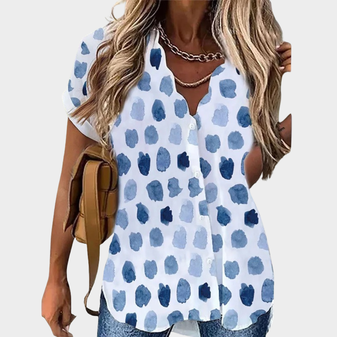Women Short Sleeve Shirt – Gradient Polka Dot Print Relaxed Fit in Lightweight Fabric – White