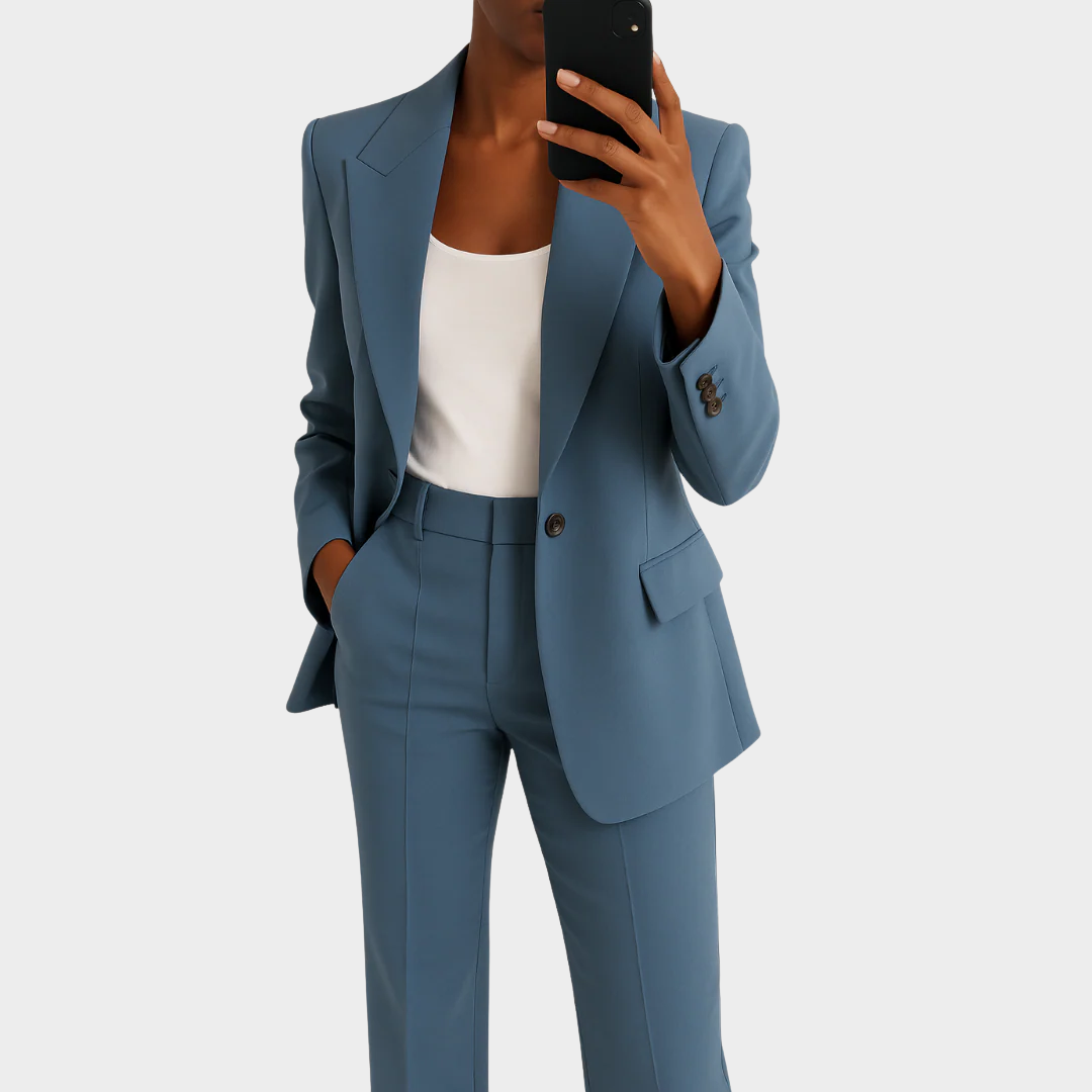 Women Elegant Two-Piece Suit Set – Slim Fit Jacket and Pants – Classic Collar Long Sleeve Polyester Blend – Multiple Colours