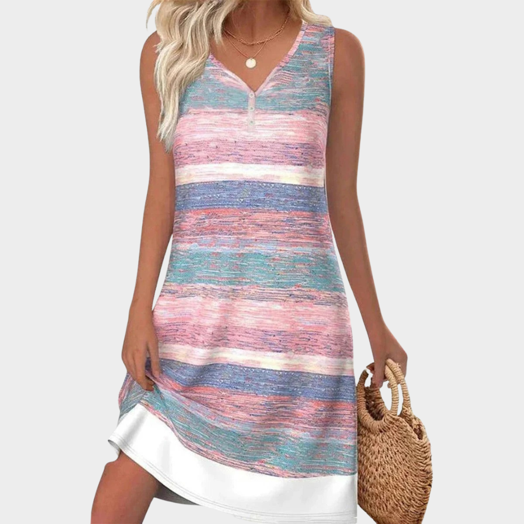 Women’s Sleeveless Midi Dress – Casual Fit – V-Neck Button Detail – Breathable Blend – Striped – Multicolour