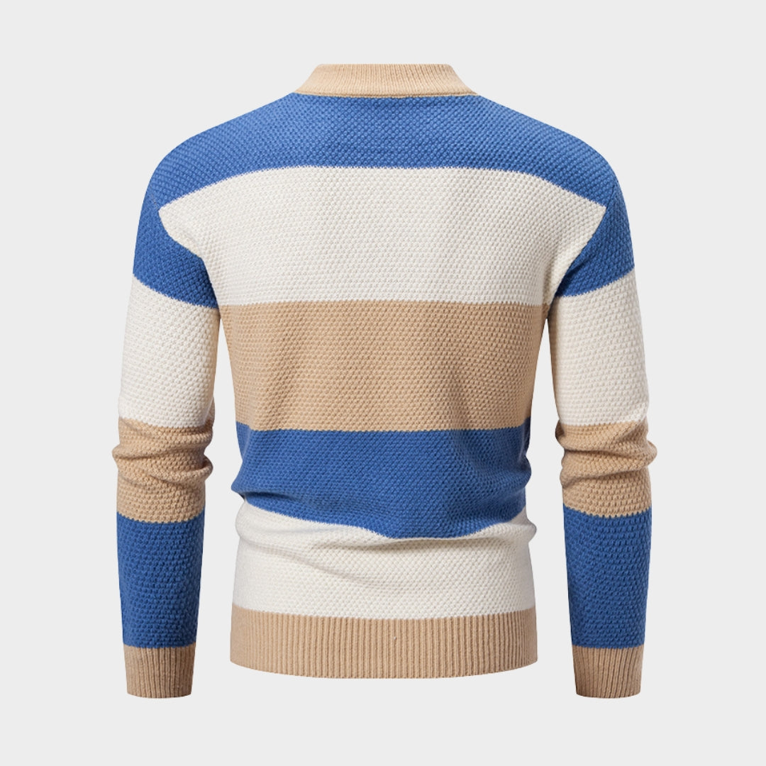 Men's Fashion Patchwork Knitted Sweater – Mock Neck Casual Sweater, Long Sleeve, Autumn Winter Style (Blue, Khaki, Green)