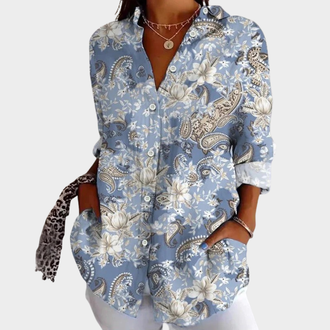 Women's Long Sleeve Vintage Floral Print Blouse – Turn-Down Collar Button-Up Shirt – Cotton Polyester Blend – Blue