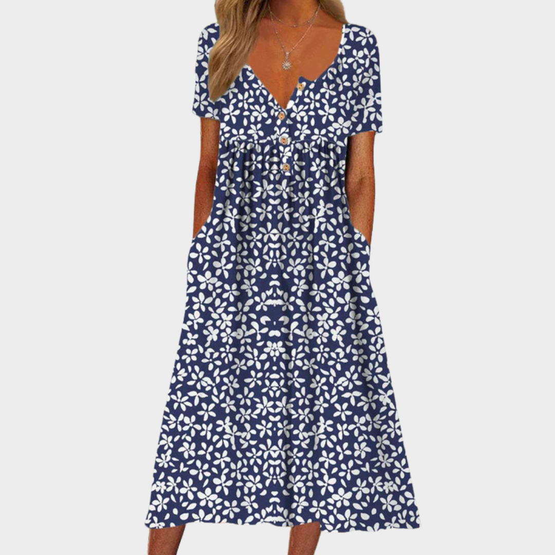 Women’s Mid-Calf Floral Dress – V-Neck Casual Fit with Short Sleeves and Button Detail – Cotton-Polyester – Blue