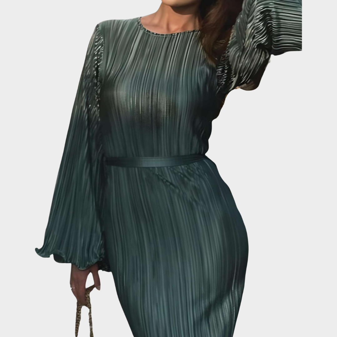 Women's Bodycon Pleated Dress – Elegant Long Sleeve Ankle-Length Dress – Slim Fit O-Neck – Lace-Up Waist – Multiple Colours