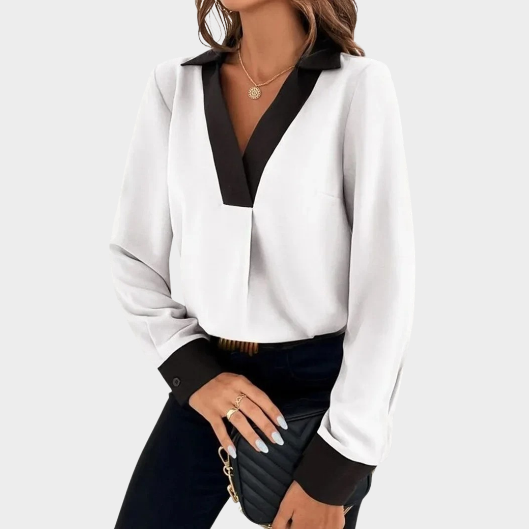 Women’s V-Neck Blouse – Contrast Trim Long Sleeve Top – Lightweight Breathable Fit – Soft Fabric Blend – Multiple Colours