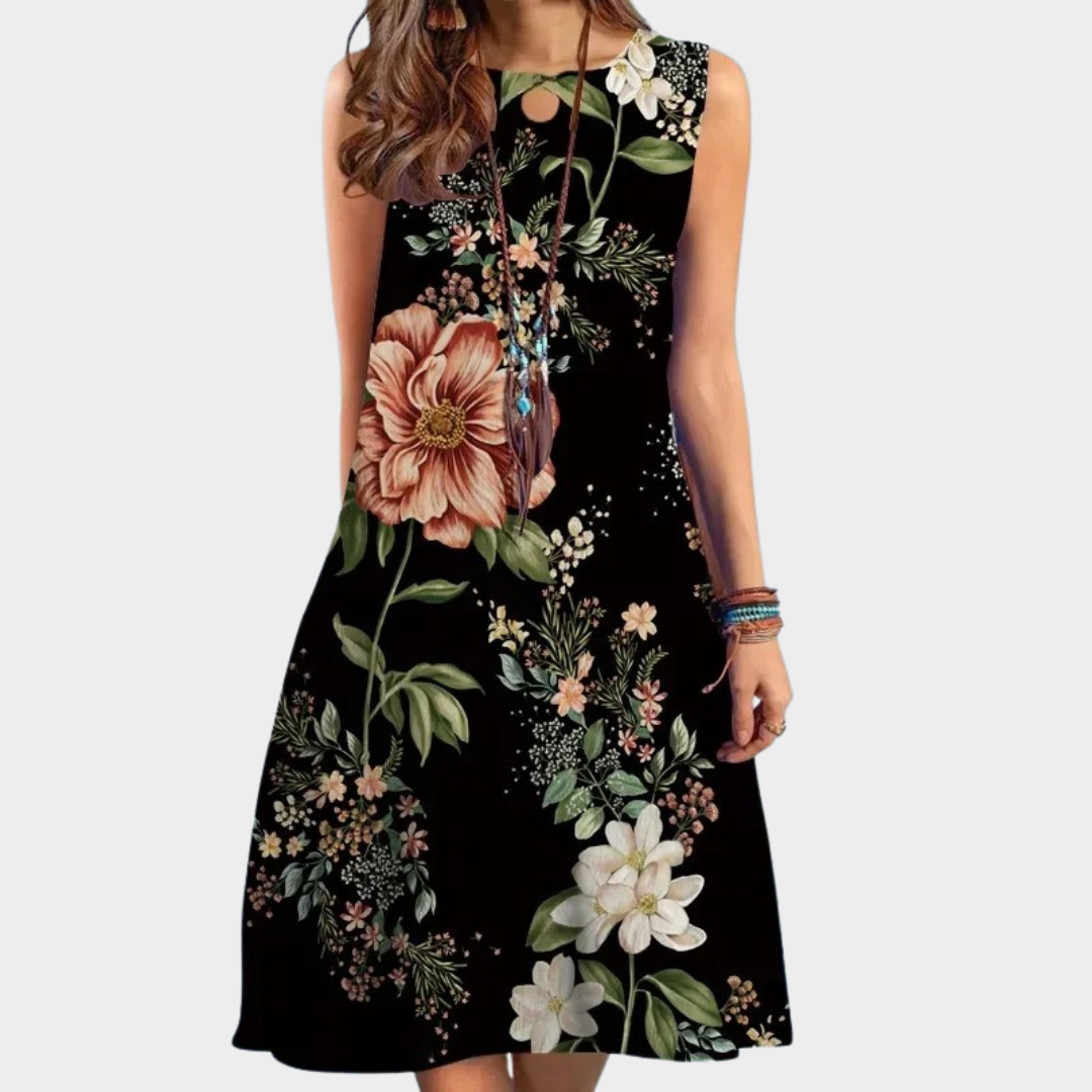 Women’s Printed Sleeveless Dress – Medium-Length A-Line Fit with Wide Hem – Elegant Lightweight Casual Style – Black