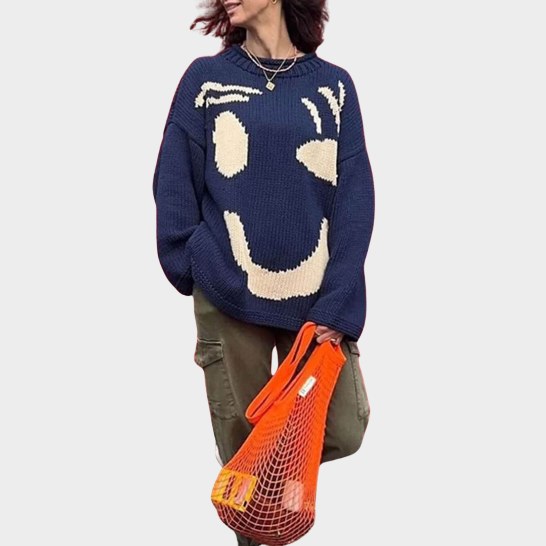Women's Loose Knit Pullover – Happy Face Sweater – Soft & Chic – Multiple Colours