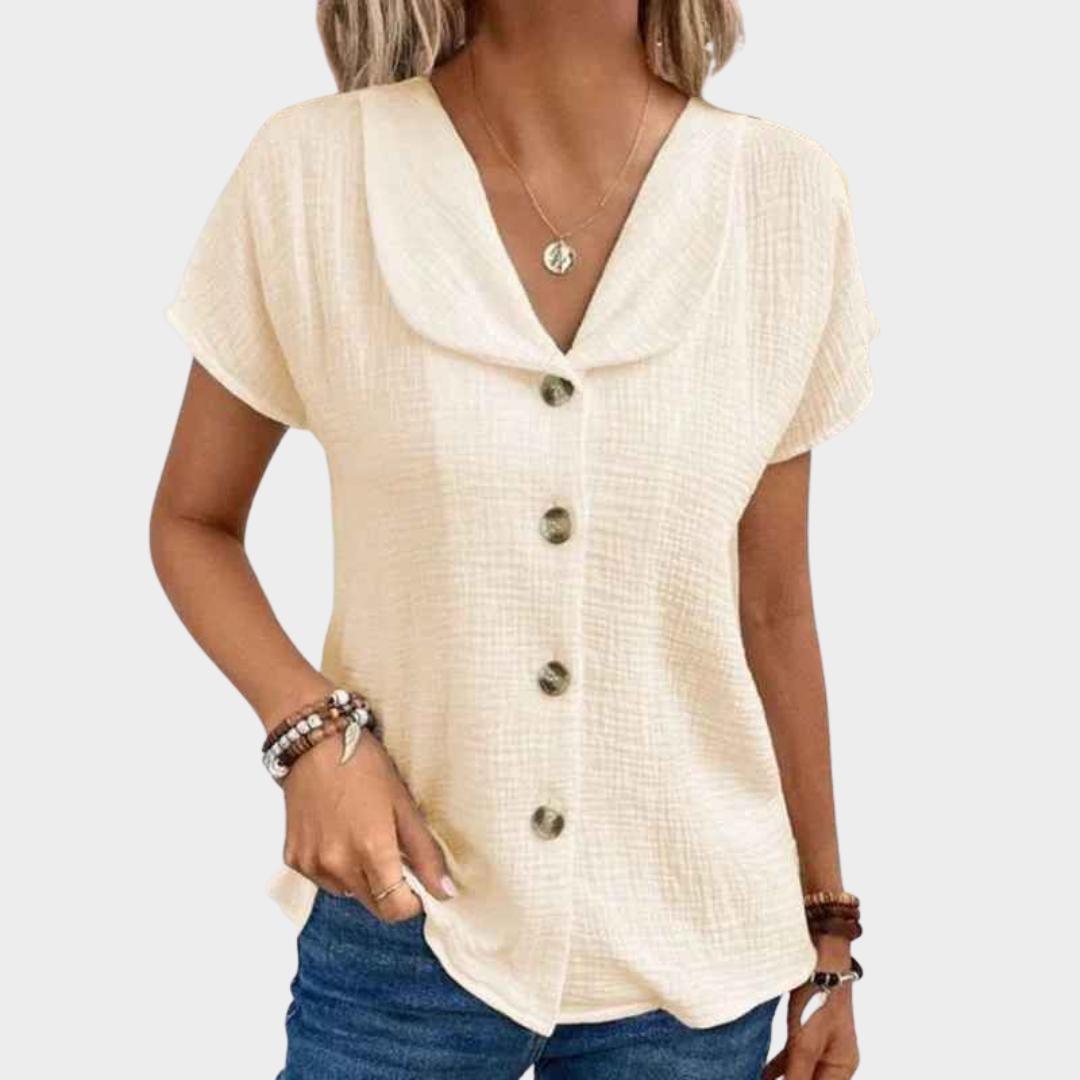 Women Short Sleeve Blouse – Baby Collar Casual Cardigan Shirt in Cotton Blend – Multiple Colours