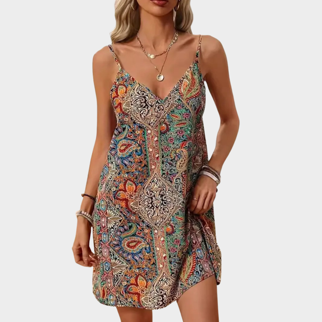 Women’s Bohemian Style Printed Dress – V-Neck – Tassel Detail – Open Back – Relaxed Fit – Multicolour