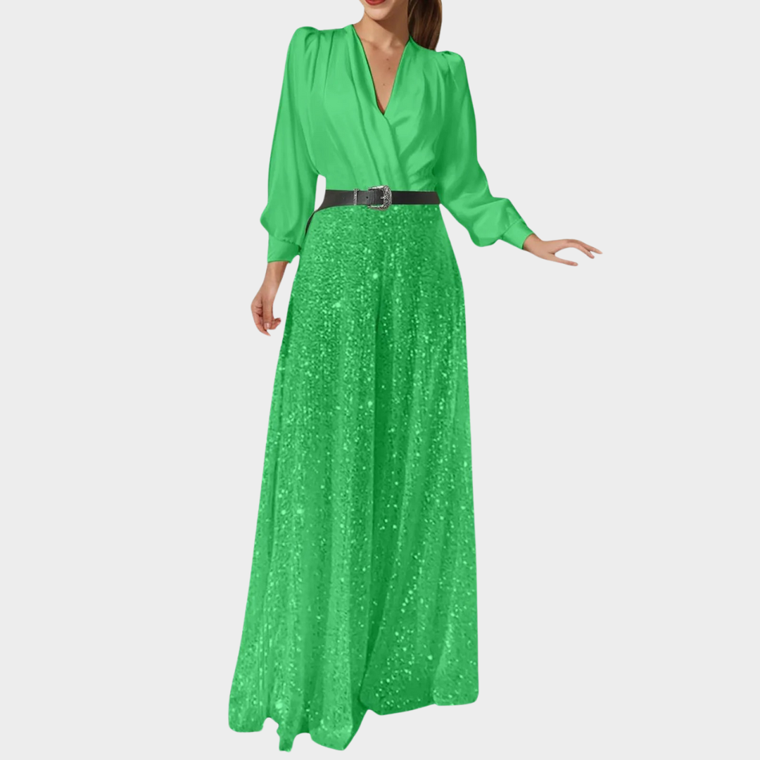 Women's Glitter Jumpsuit – Elegant Wide-Leg Pantsuit – Deep V-Neck – Green