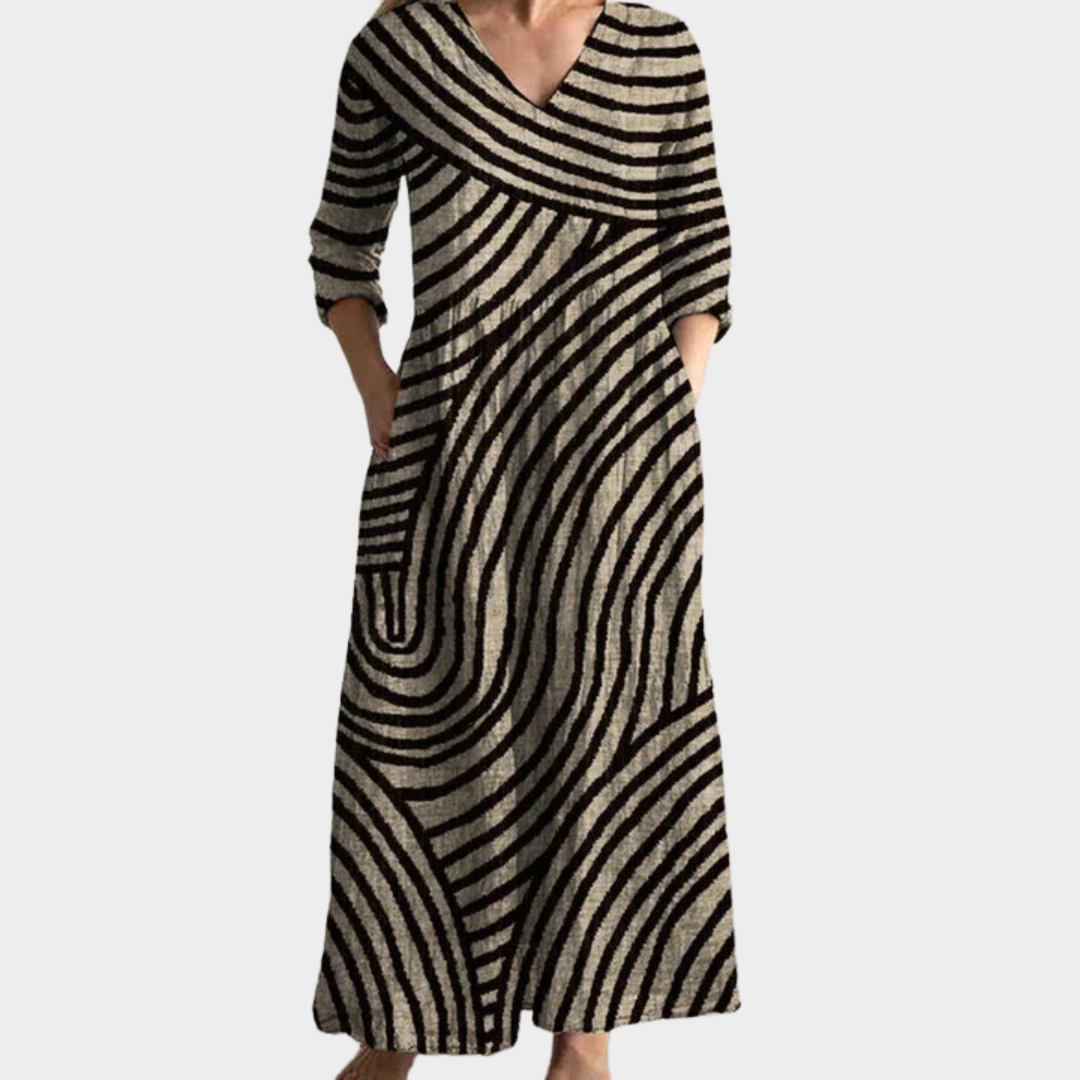 Women’s Vintage Striped Maxi Dress – V-Neck Long Sleeve Relaxed Fit with Pockets – Ankle-Length Cotton-Polyester Fabric – Multiple Colours