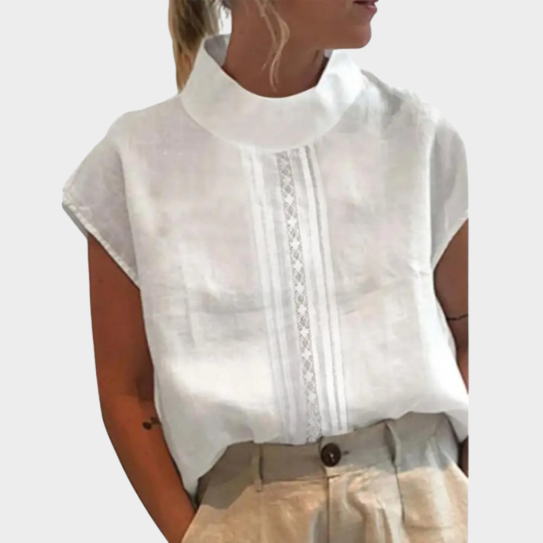 Women Oversized Blouse – Cotton Linen Tunic with Hollow Lace Patchwork – White