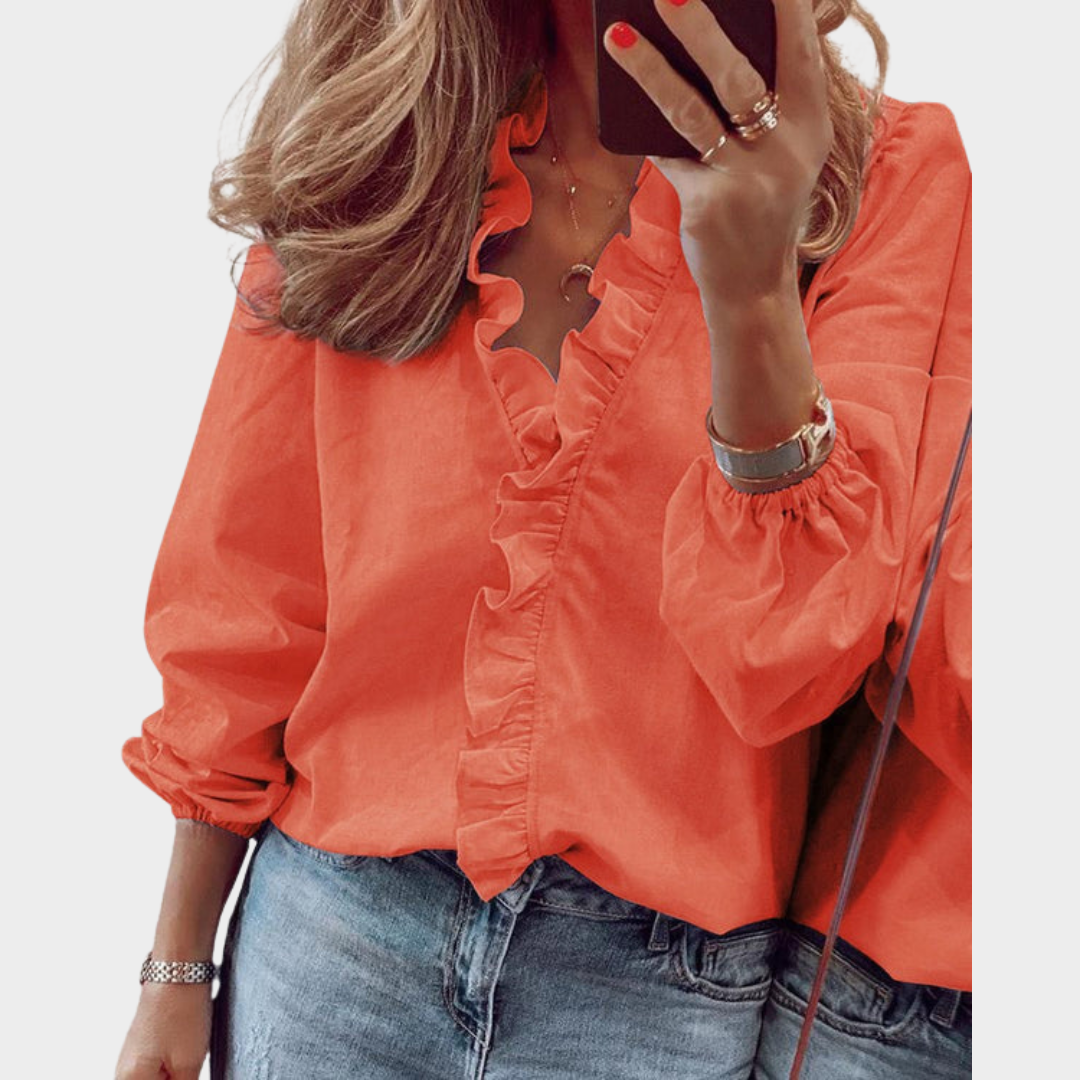 Women's V-Neck Blouse – Short Sleeve Ruffle Top – Elegant & Loose Fit – Multiple Colours