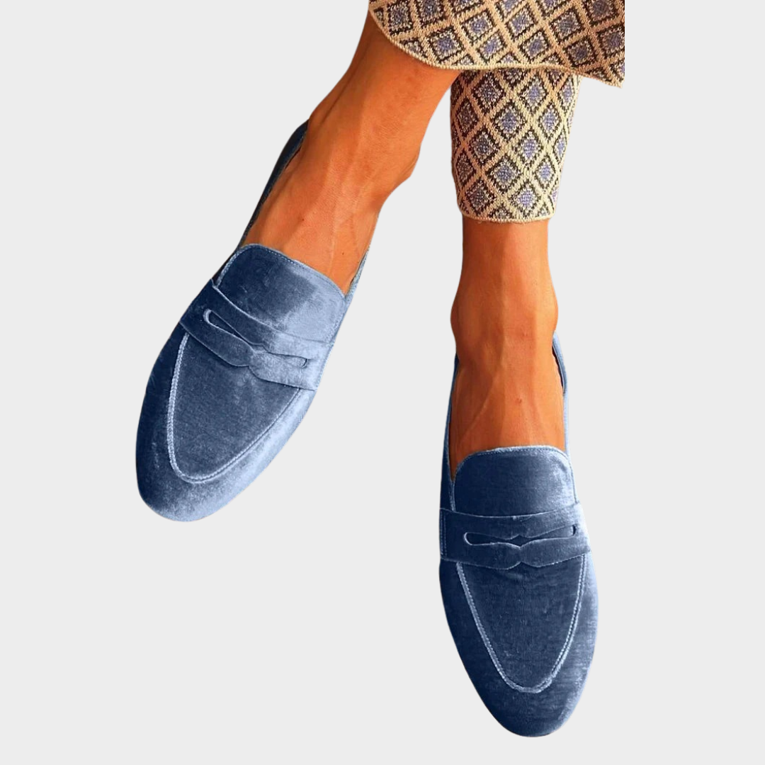 Women’s Velvet Loafers – Elegant Slip-On Shoes with Patchwork Details and Round Toe – Blue