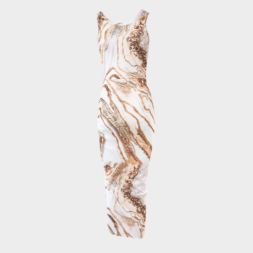 Women's Elegant Maxi Dress – Slim Fit Sleeveless Dress – Ruffle Strap & Split Hem – Vintage Party Dress – Beige