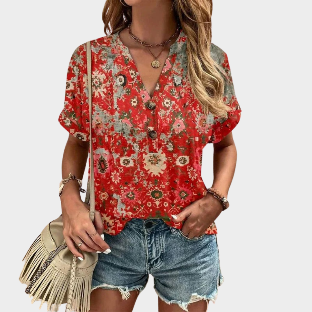 Women's Vintage Printed Short Sleeve Shirt – Button V-Neck Casual Loose Cotton Polyester Top – Red