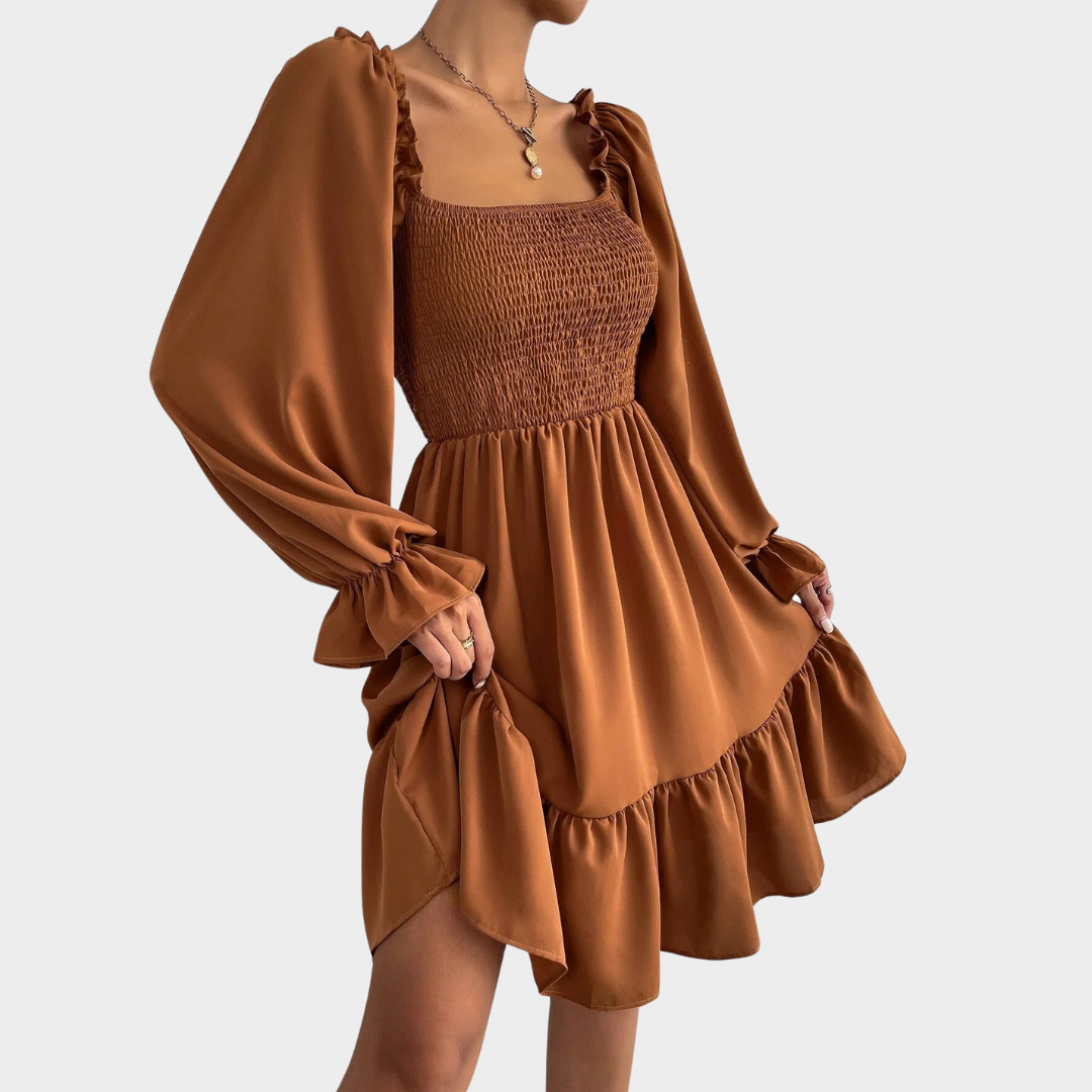 Women’s Long Sleeve Ruffle Hem Dress – Square Neck Solid Colour Fit – Bell Sleeves with Seam Detail – Soft Fabric Casual Style – Multiple Colours