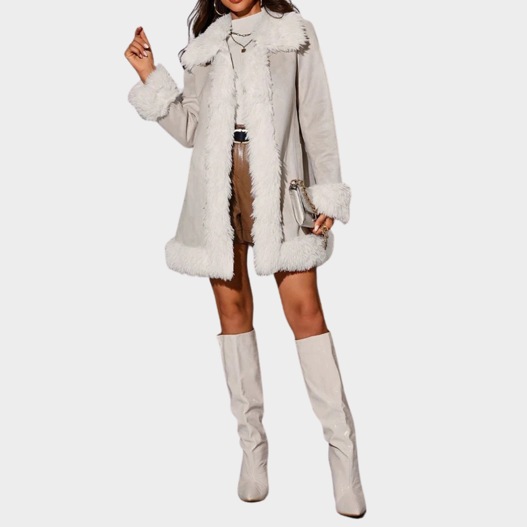 Women Long Coat – Relaxed Fit Faux Fur Trim Open Front Soft Cozy Fabric – Multiple Colours