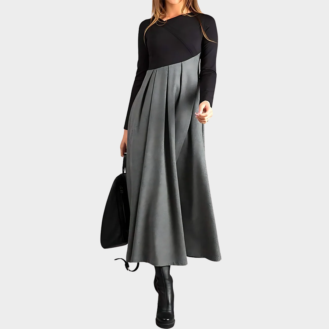 Women Elegant V-Neck Long Sleeve Dress – Tweed A-Line Mid Waist with Colour Block Design – Sophisticated Casual Wear – Grey