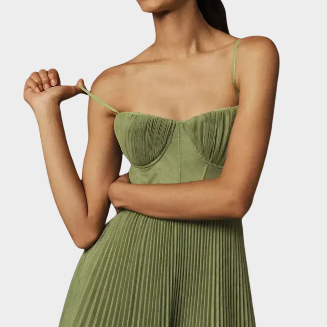 Women’s Strapless A-Line Long Dress – Pleated Zip-Back Fit with Hollow Detail – Lightweight Sleeveless Polyester – Green