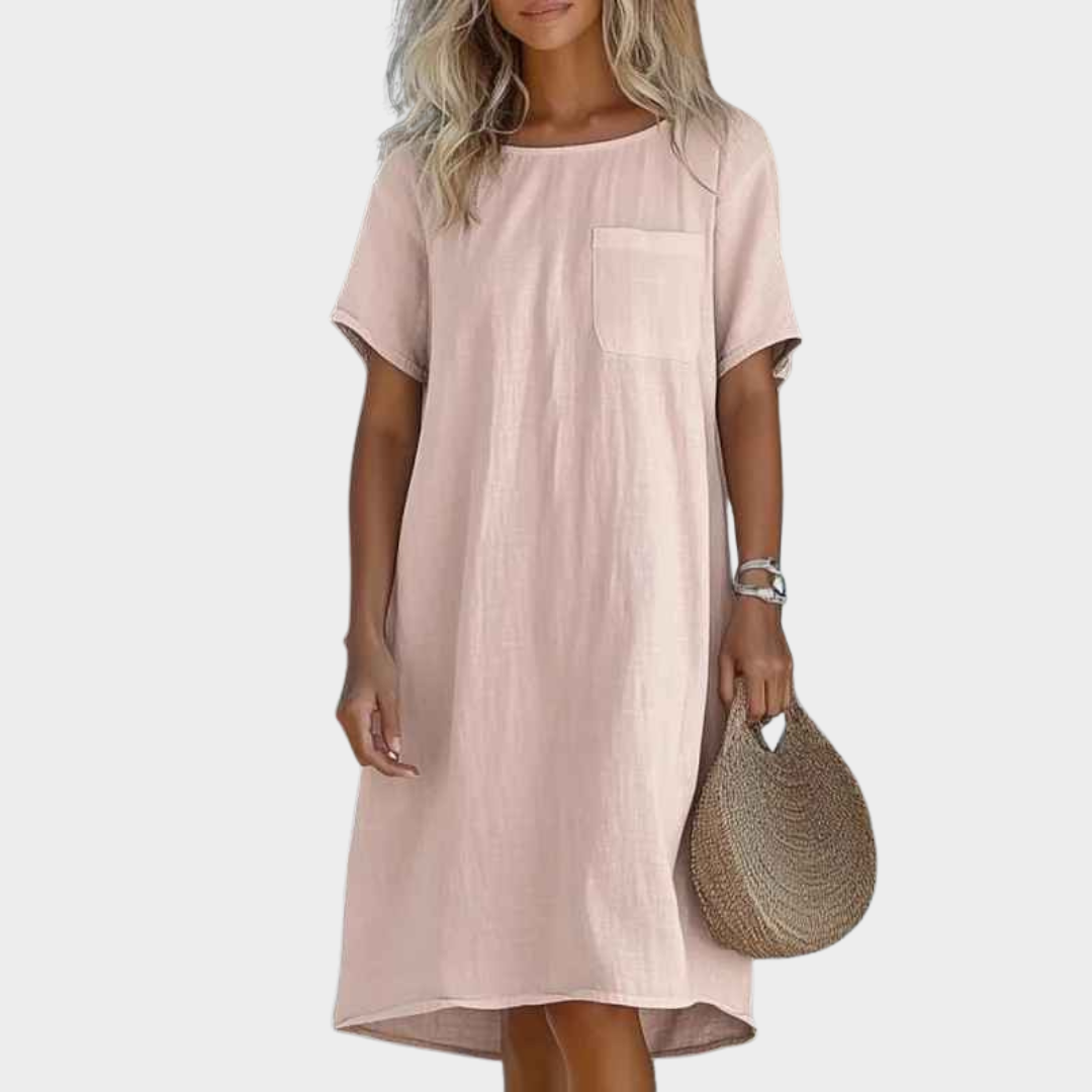 Women Short Sleeve Loose Dress – Linen Round Neck with Pocket Solid Straight Fit – Multiple Colours