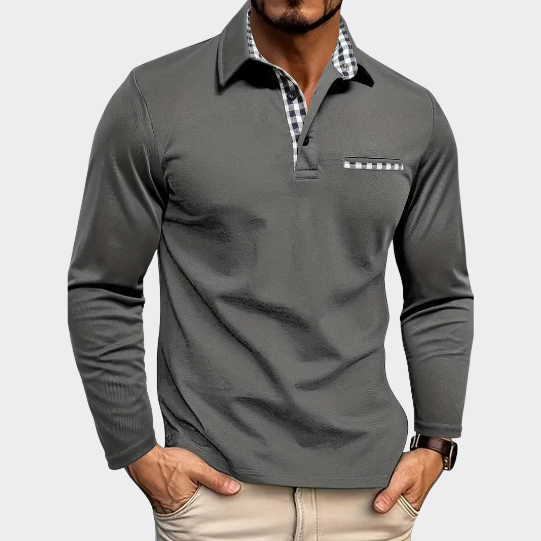 Men Premium Long Sleeve Polo Shirt – Tailored Regular Fit with Check Collar Detail – Cotton Polyester Blend – Multiple Colours