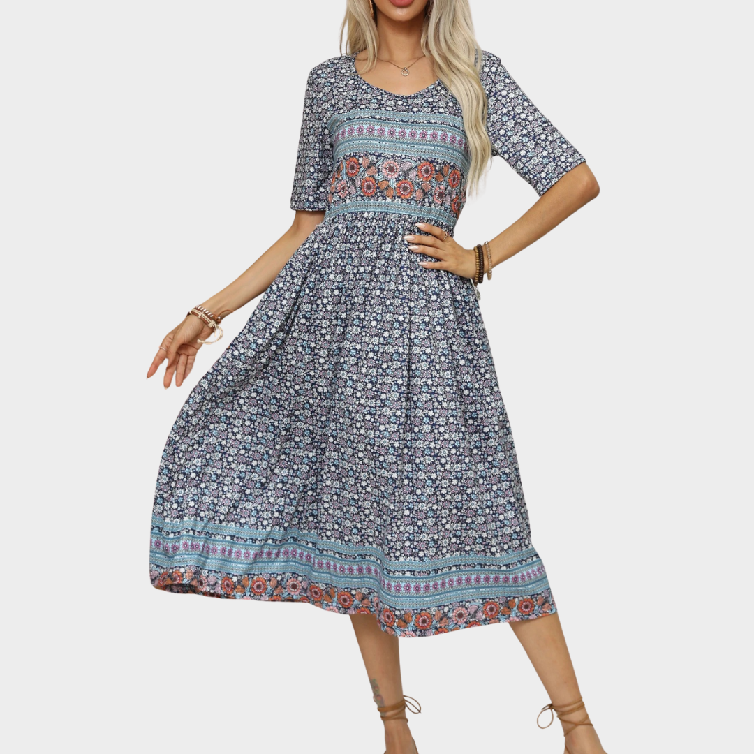 Women’s Bohemian Print Long Dress – Round Neck Short Sleeve Fit – Casual Flowy Maxi Silhouette – Lightweight Fabric – Multiple Colours