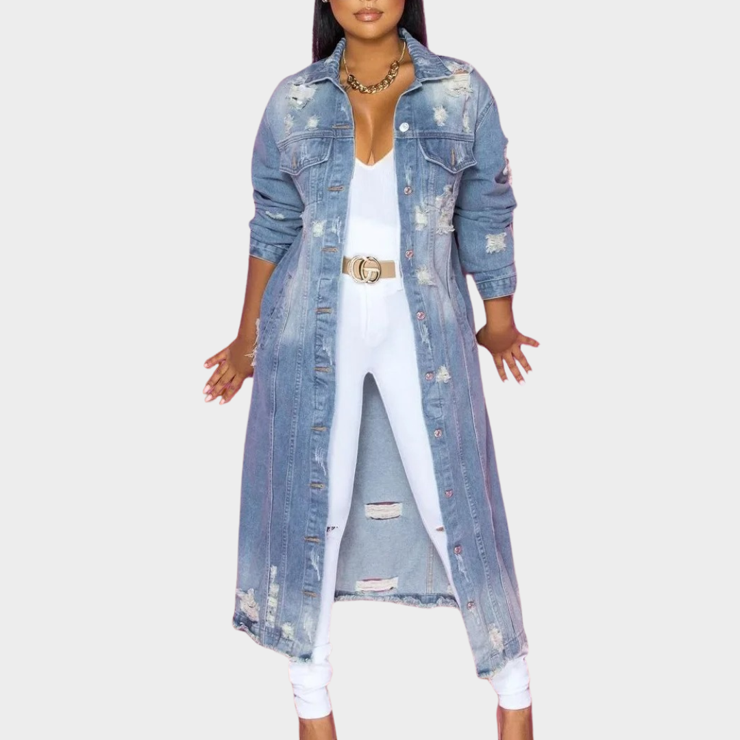 Women Longline Denim Coat – Ripped Raw Hem Button Front Jacket with Pockets – Casual High Street Outerwear – Multiple Colours