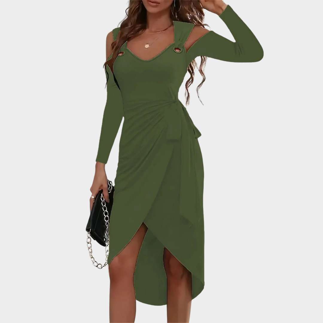 Women’s Sleeveless Midi Dress – Elegant V-Neck with Eyelet Detail and Waist Pleats – Multiple Colours