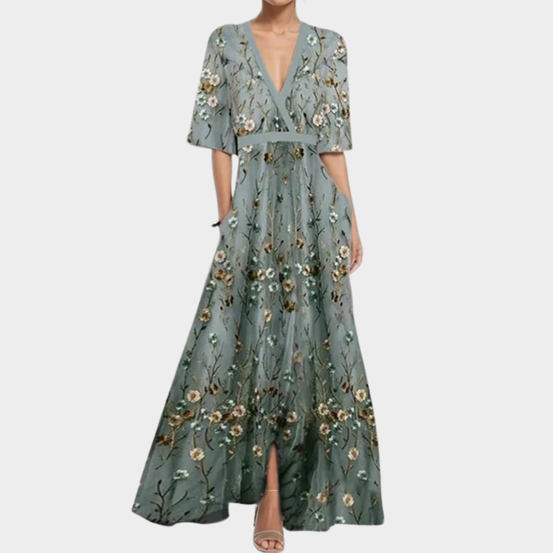 Women's V-Neck Maxi Dress – Short Sleeve – Printed – Grey