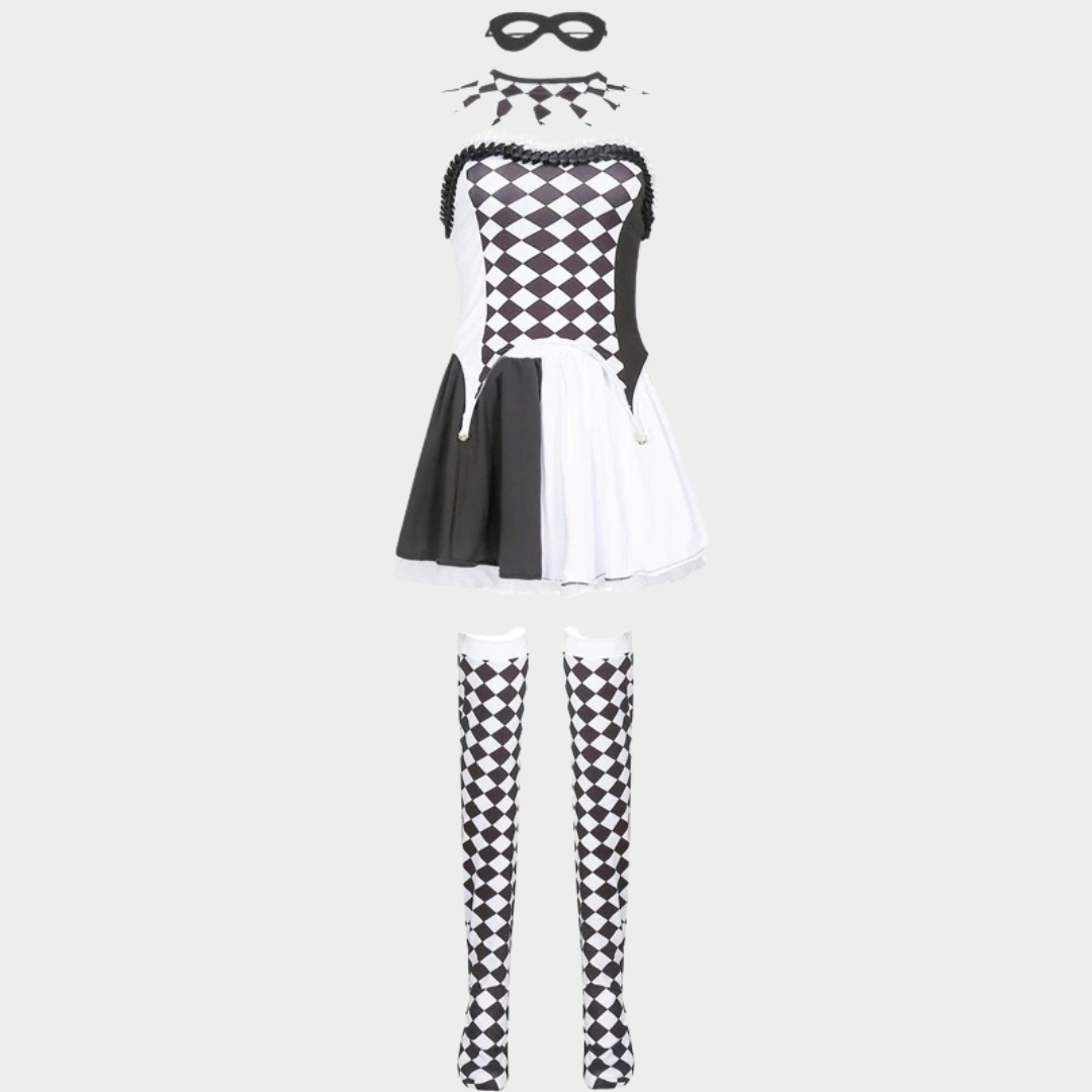 Women Creepy Circus Clown Halloween Costume – Evil Jester Cosplay Dress for Carnival Role Play and Fancy Horror Party Outfit – White