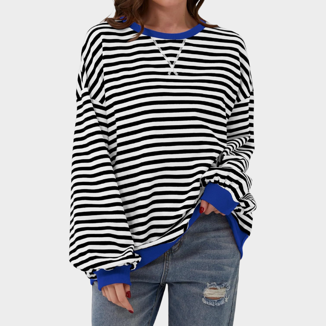 Women Casual Long Sleeve Sweatshirt – Round Neck Striped Pullover Top – Comfortable Knitwear – Multiple Colours