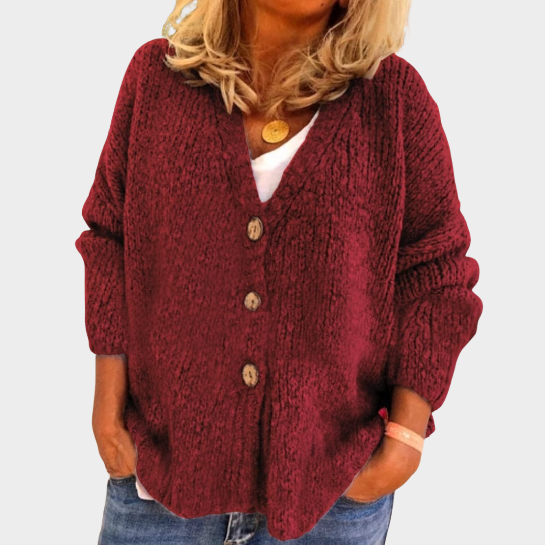 Women's Cardigan – Chunky Knit Relaxed Fit V-Neck Button Front Balloon Sleeve – Multiple Colours