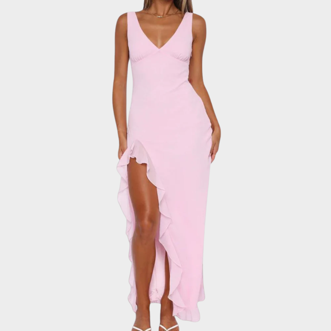 Women Sleeveless Maxi Dress – Slim Fit V-Neck Backless Lightweight Wooden Ear Trim – Multiple Colours