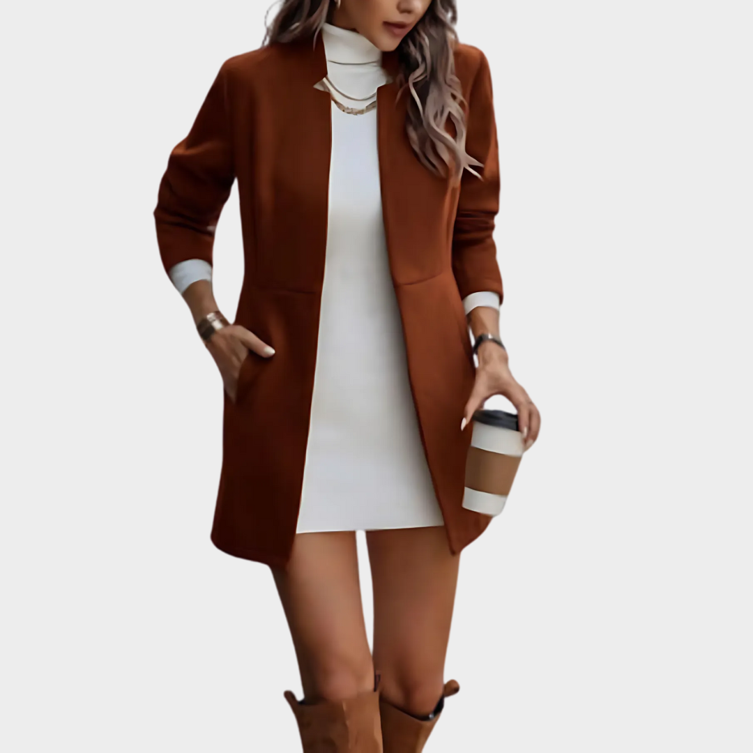 Women's Wool Coat – Stand Collar – Long Sleeve – Solid Colour – Straight Fit – Multiple Colours