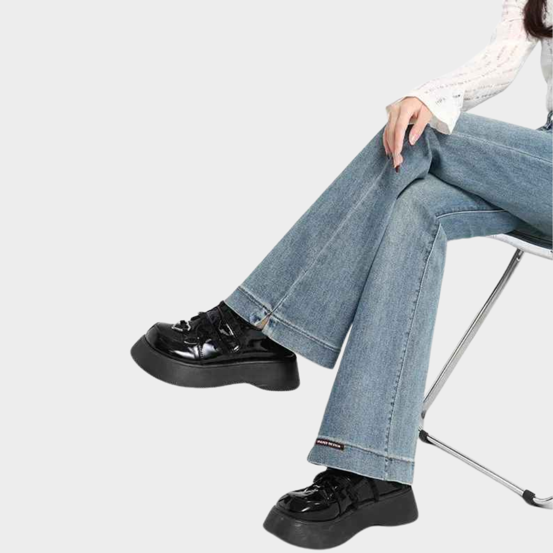 Women's High-Waist Flare Jeans - Slim Fit Bell Bottom Denim - Retro Style - Blue