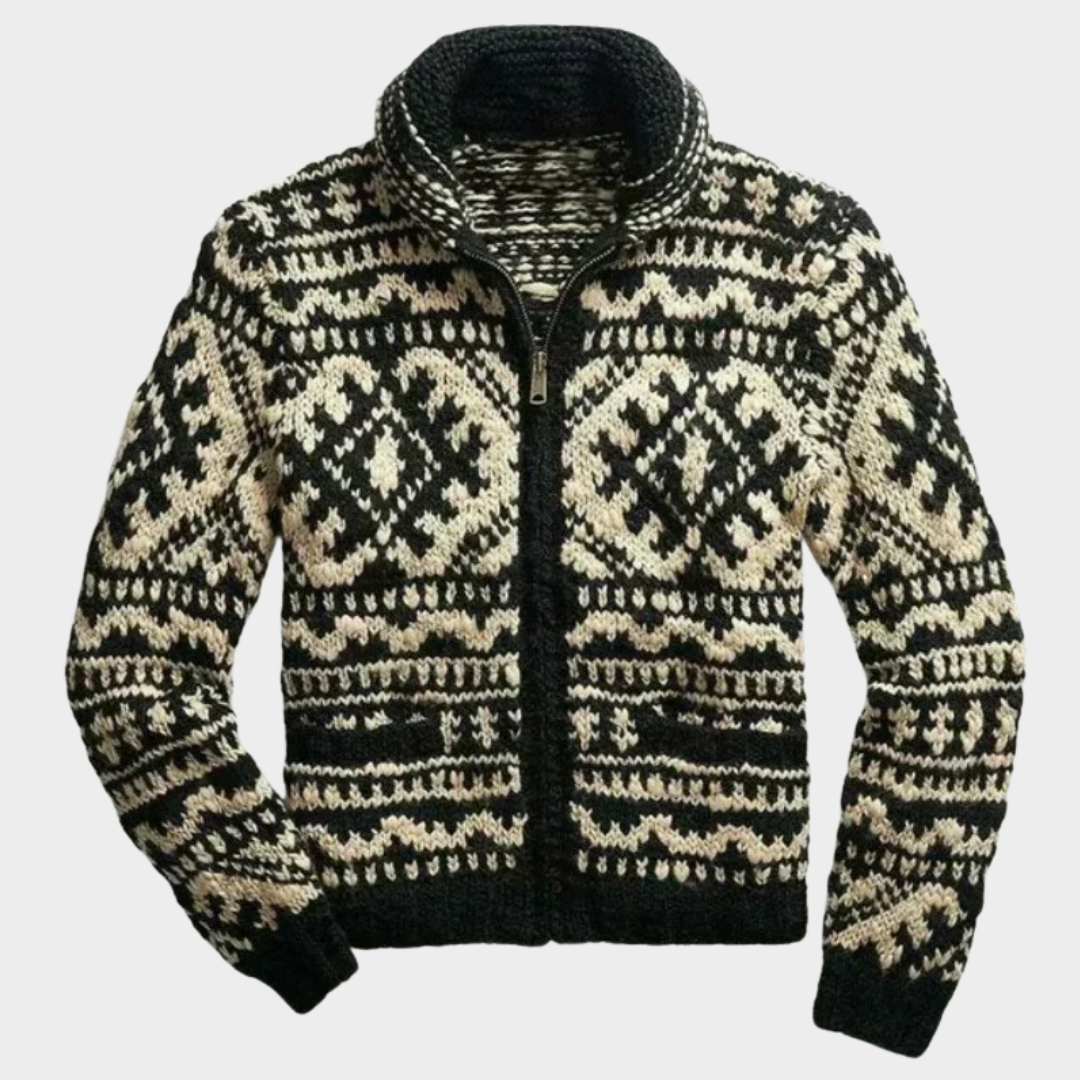 Men’s Knitted Cardigan Sweater – Retro Jacquard Design – Thick & Warm – Lace-Up Waist – Soft & Comfortable