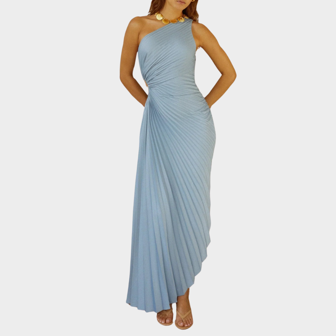 Women's One-Shoulder Satin Gown – Pleated Design – Elegant Evening Dress – Blue